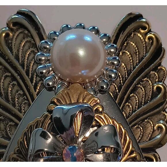 Jane Davis Signed Angel Faux Pearl Rhinestone Brooch Ribbon Mixed Metal - Picture 2 of 12